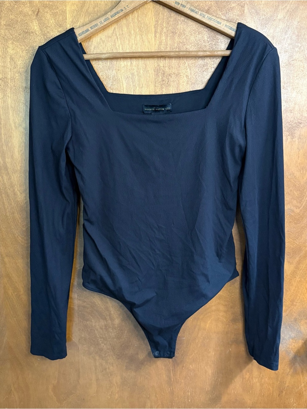 House of Harlow 1960 Black Ribbed Long Sleeve Square Neck Bodysuit Minimalist